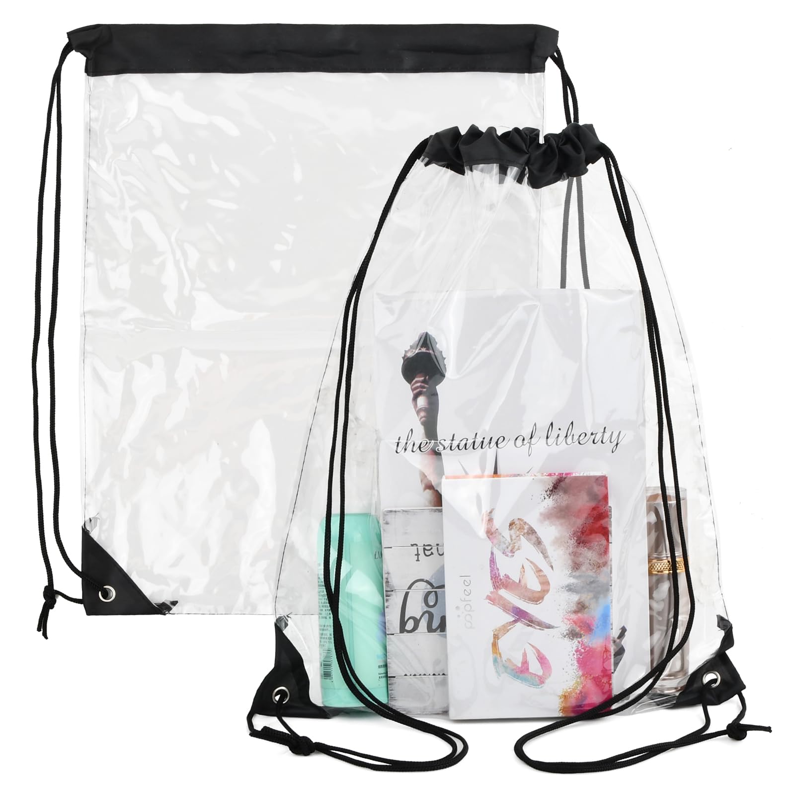 Shengxi Transparent Drawstring Backpack 2 Pcs Swim Bagsports Drawstring Bag Cinch Sack Clear PVC Drawstring Bags for Women Men Sports Fitness