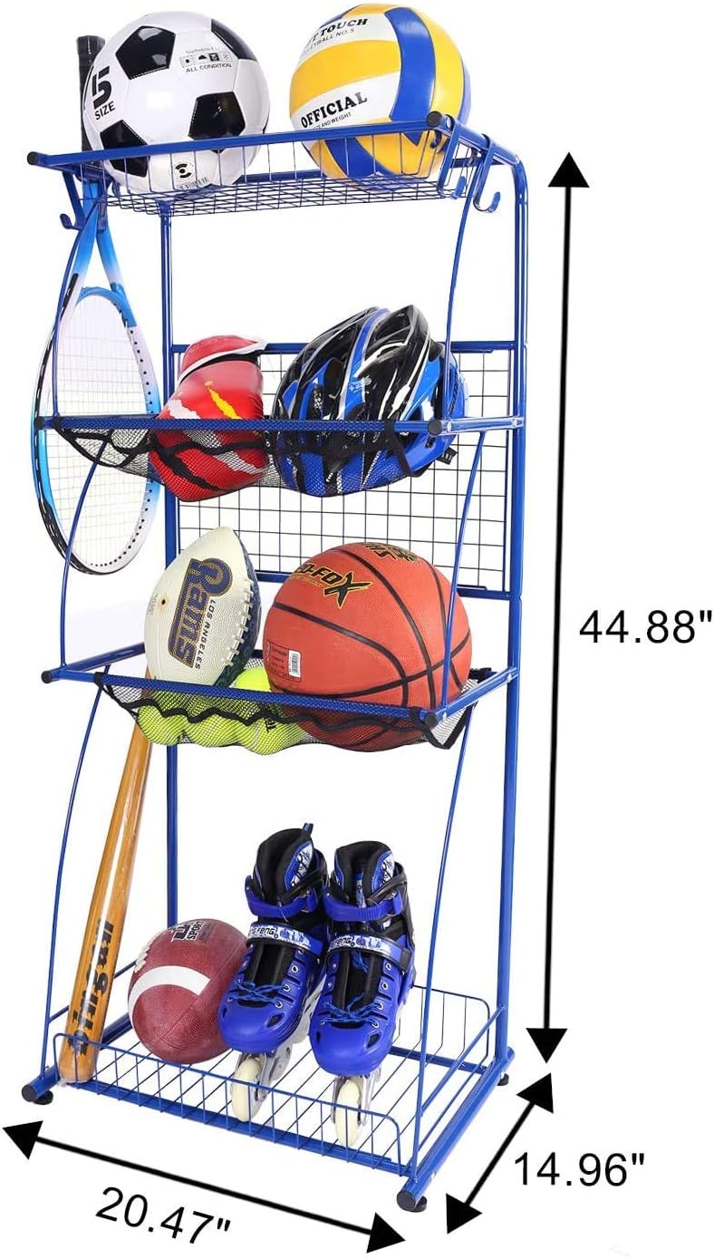 Mythinglogic Sports Equipment Storage for Garage, 4 Shelf Shelving Garage Organizer with Rack, Sports and Ball Storage, Sport Gear Balls Storage, Sport Utility Storage Rack, Blue: Sports & Outdoors