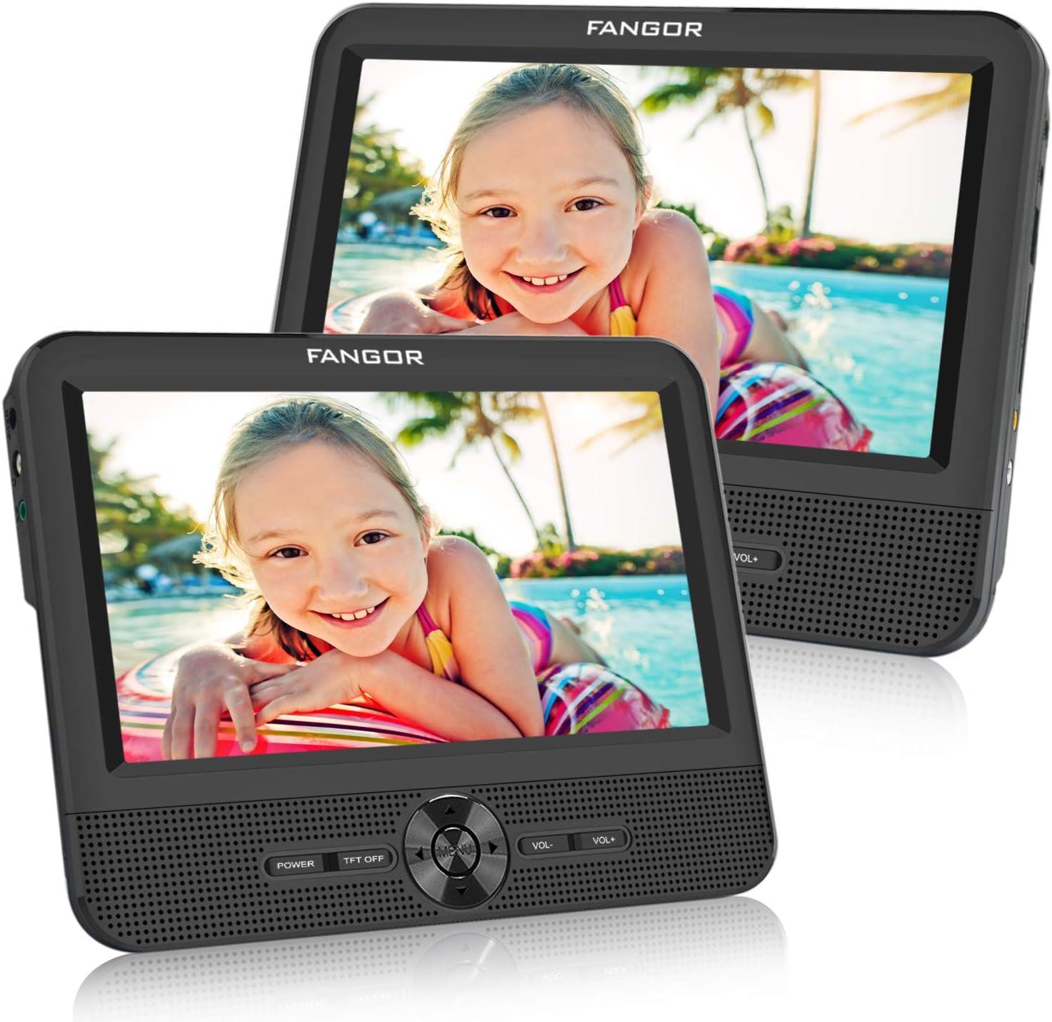 FANGOR 7.5 Dual DVD Player for Car, Portable Headrest DVD Players with 5 Hours Rechargeble Battery, Free Regions, Last Memory, AV Out&in, Support USB/SD/Sync TV (1 Player + 1 Monitor)