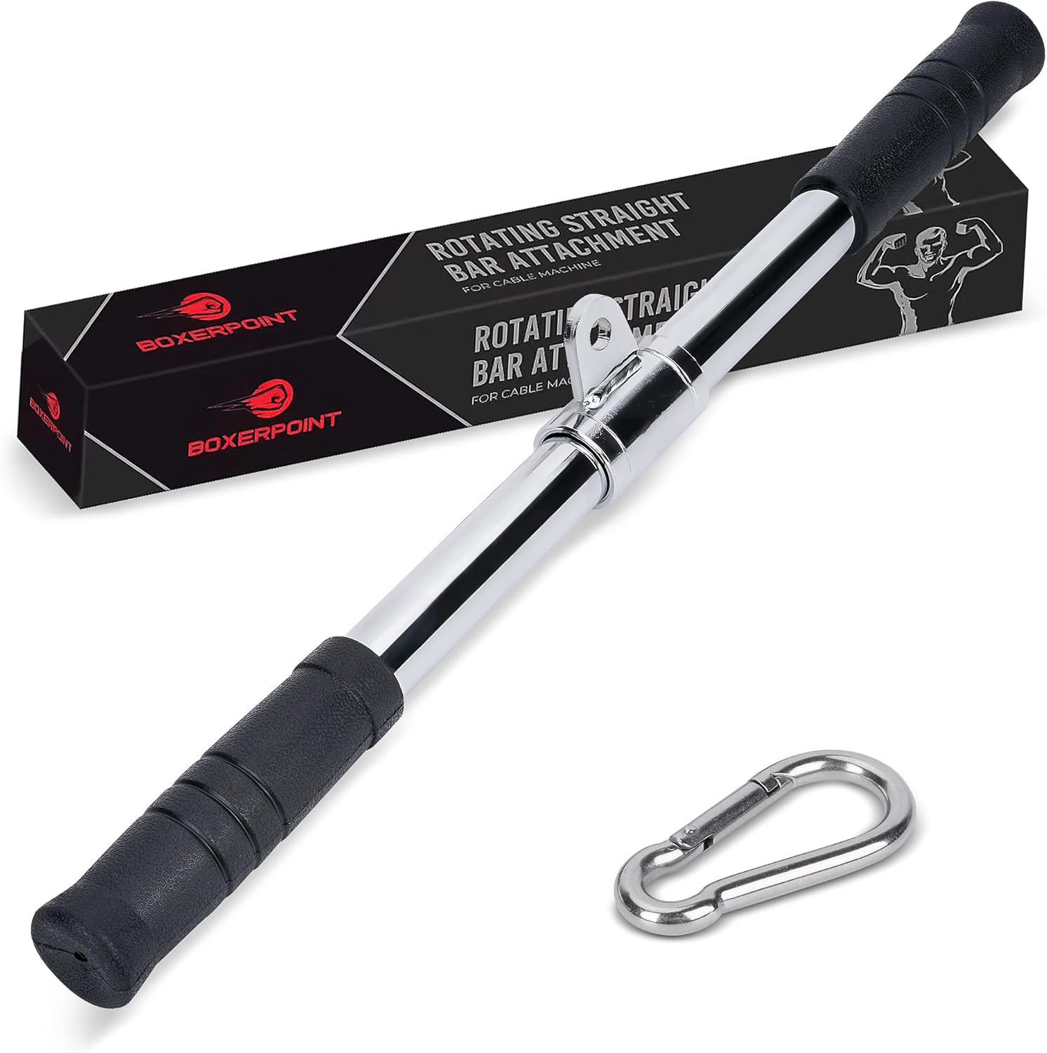 Rotating Straight Bar Cable Attachment - Revolving Cable Machine Accessories - Non-Slip Tricep Pushdown Bar Home Gym Attachments - Triceps Pull Down, Bicep Curl, LAT Pulldown with Carabiner