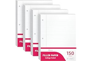 Alitte Loose Leaf Paper, College Ruled, 600 Sheets (150/Pack) Filler Paper for Writing Notes - School, College, Office 3 Hole-Punch Lined Sheets for Ring Binders, Pocket Folders - White, 8 x 10.5