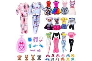 EUMBHOA 28 Pack Girl Dolls Clothes and Accessories, 2 Storytelling Pajamas, 3 Fashion Dresses, 3 Clothing Outfits, 10 Shoes, Travel Set for 11.5 inch Dolls, Mini School Supplies