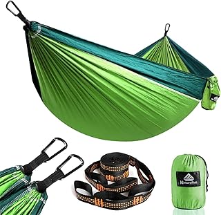 NatureFun Ultraleichte Reise Camping Hängematte | 300kg Tragkraft, (275 x 140 cm) Atmungsaktiv, Schnelltrocknendes Fallschirm Nylon | 2 x Premium Karabiner, 2 x Nylon-Schlingen Inbegriffen | Für Draußen Drinnen Garten