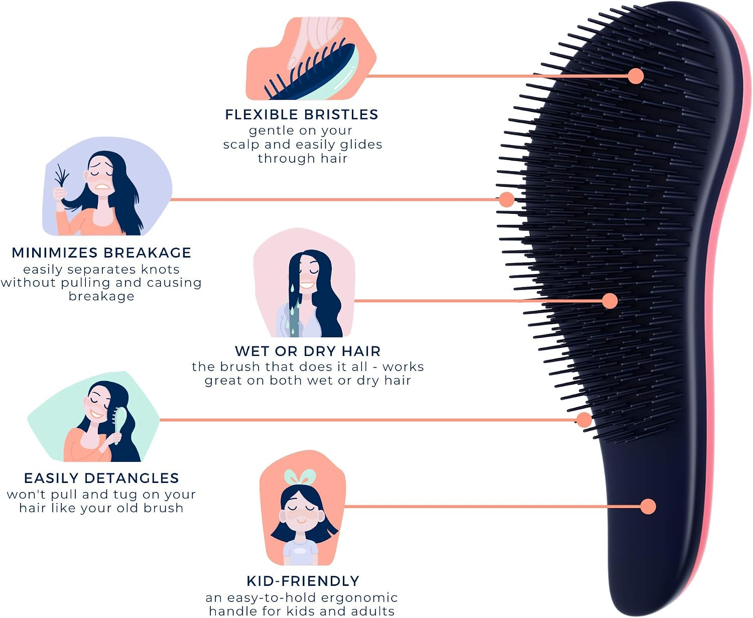 Detangling Brush - Glide Thru Detangler Hair Comb or Brush - No More Tangle - Adults & Kids - Pink - Image 4