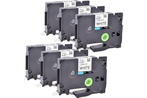 6 Pack TZe-221 P Touch Label Tape Compatible for Brother P-Touch TZ221 TZe221 9mm 0.35 Inch Laminated White TZe TZ Tape, Blac