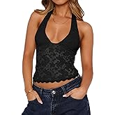 Women Y2K Crop Tops Halter V Neck Lace Semi Sheer Spaghetti Strap Sleeveless Backless Slim Fit Going Out Camisole