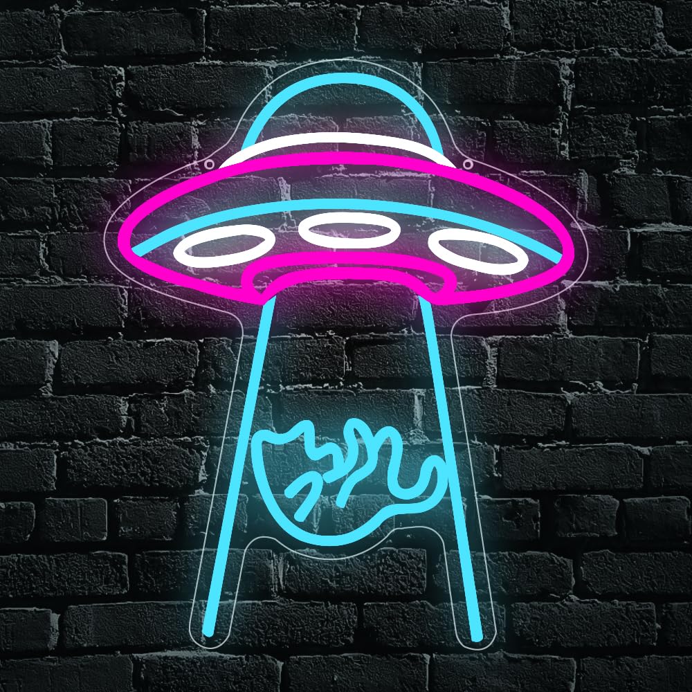 Photo 1 of UFO Cat Neon Sign, UFO Cat Spaceship Space Travel Led Neon Light Night Lamp Astronomy funs Game Room Man Cave Party Bedroom Birthday Gift USB Powered(16.1"*13.2")