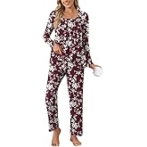 Anyally Women's Pajama Sets, 2 Piece Plus Size Fall Long Sleeve Pjs Sets Winter Ladies Loungewear with Pockets, 3XL White Flowers Wine