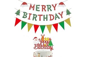 ILURE Christmas Birthday banner Merry Birthday Christmas Banner Decorations Red Green Glitter Christmas Xmas Tree Decorations Birthday Cake Toppers Decoration Baby Shower Vacation Holiday Party Decorations