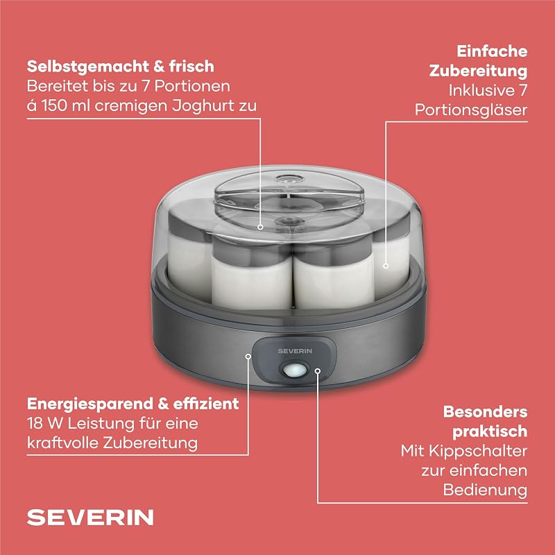 Joghurtbereiter, griechischer Art, inkl. 7 Joghurtgläser á 150ml für 1L selbstgemachten Joghurt, transparenter Deckel, Joghurt-Maschine für zuhause, Kippschalter, 18W, dark inox, JG 3510