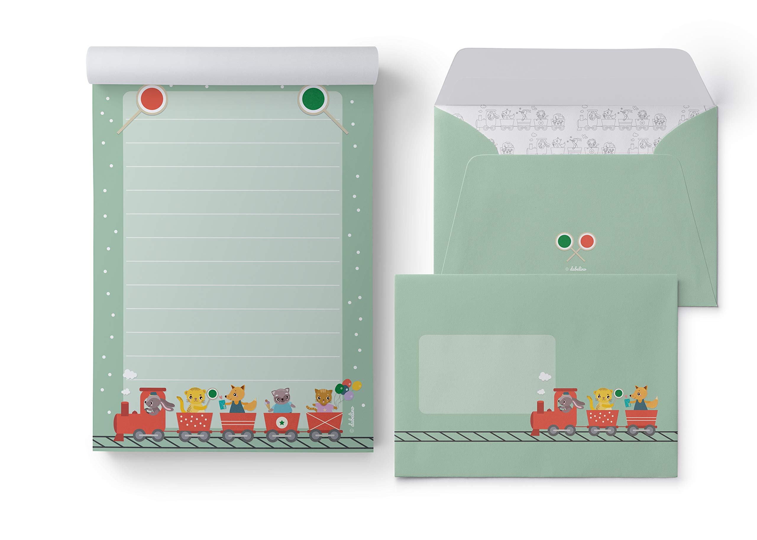 dabelino Railway Letter Paper Set for Children: 25 Sheets DIN A5 Lined + 10 Envelopes (Green, Boys, Girls)