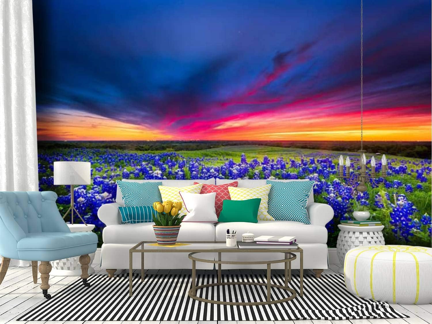 Self Adhesive Wallpaper Roll Paper field of blue flowers on sugar ridge road, ennis, texas spring Removable Peel and Stick Wallpaper Decorative Wall Mural Posters Home Covering Interior Film