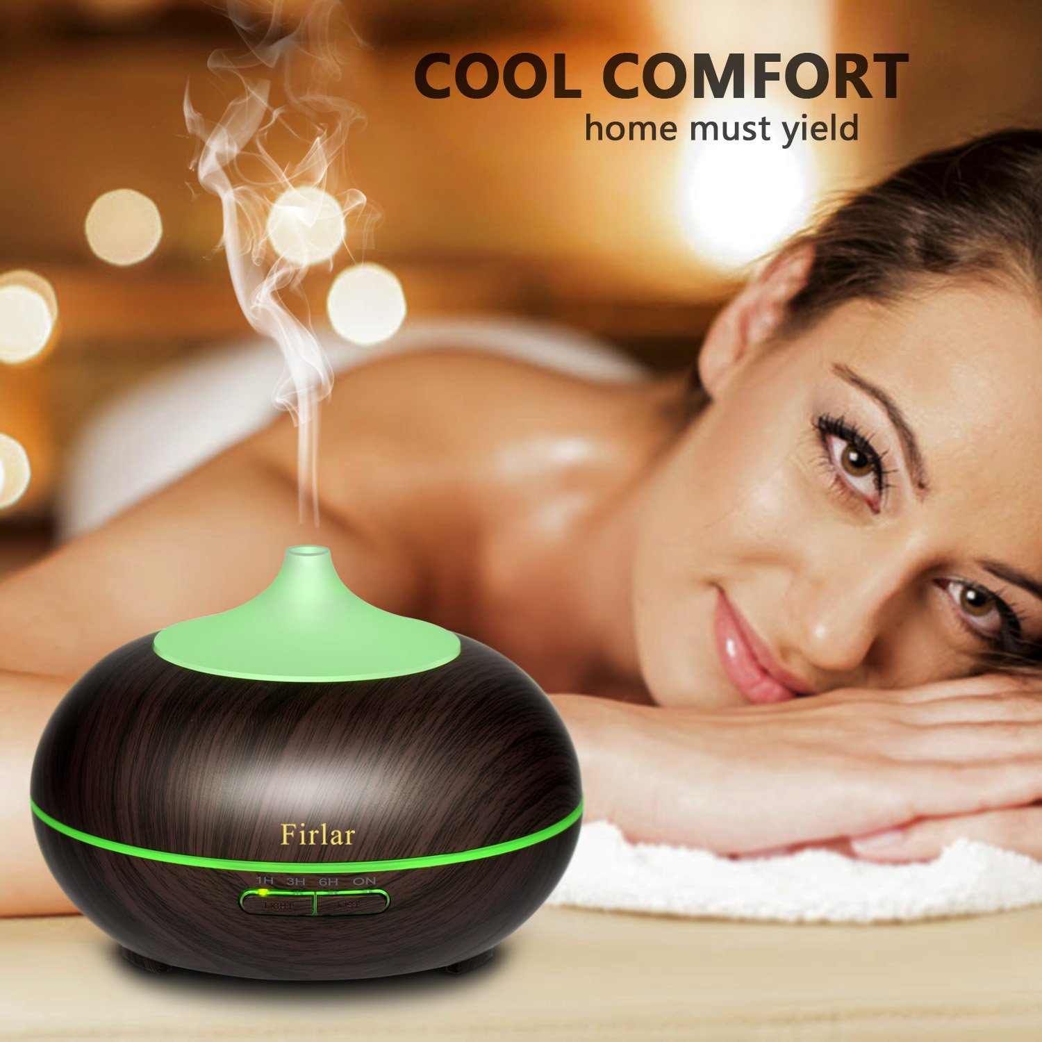 Firlar 300ml Wood Grain Cool Mist Ultrasonic Humidifier LED Night Lamp Aromatherapy Oil Diffuser Baby-AUTO Shut off Lights For Office Yoga Home Bedroom