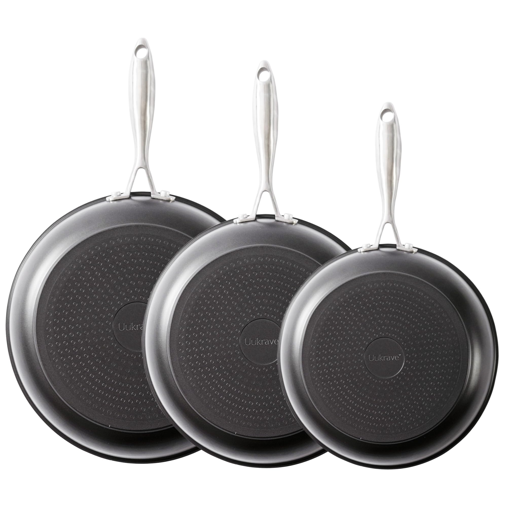Photo 1 of UUKRAVE Nonstick Ceramic Frying Pan Set, 3-Piece Ceramic Pan For Cooking with Stay-Cool Handle, Healthy & Non-Toxic, PFAS/PTFE-Free, Induction Compatible, Dishwasher & Oven Safe, 8"/9.5"/11",Black