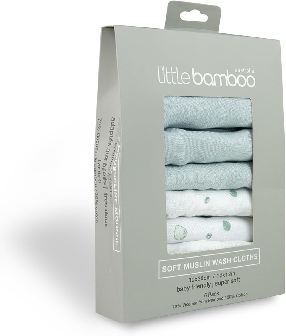 Little Bamboo Muslin Wash Cloths 6 Pack 30x30 cm Whisper Grey