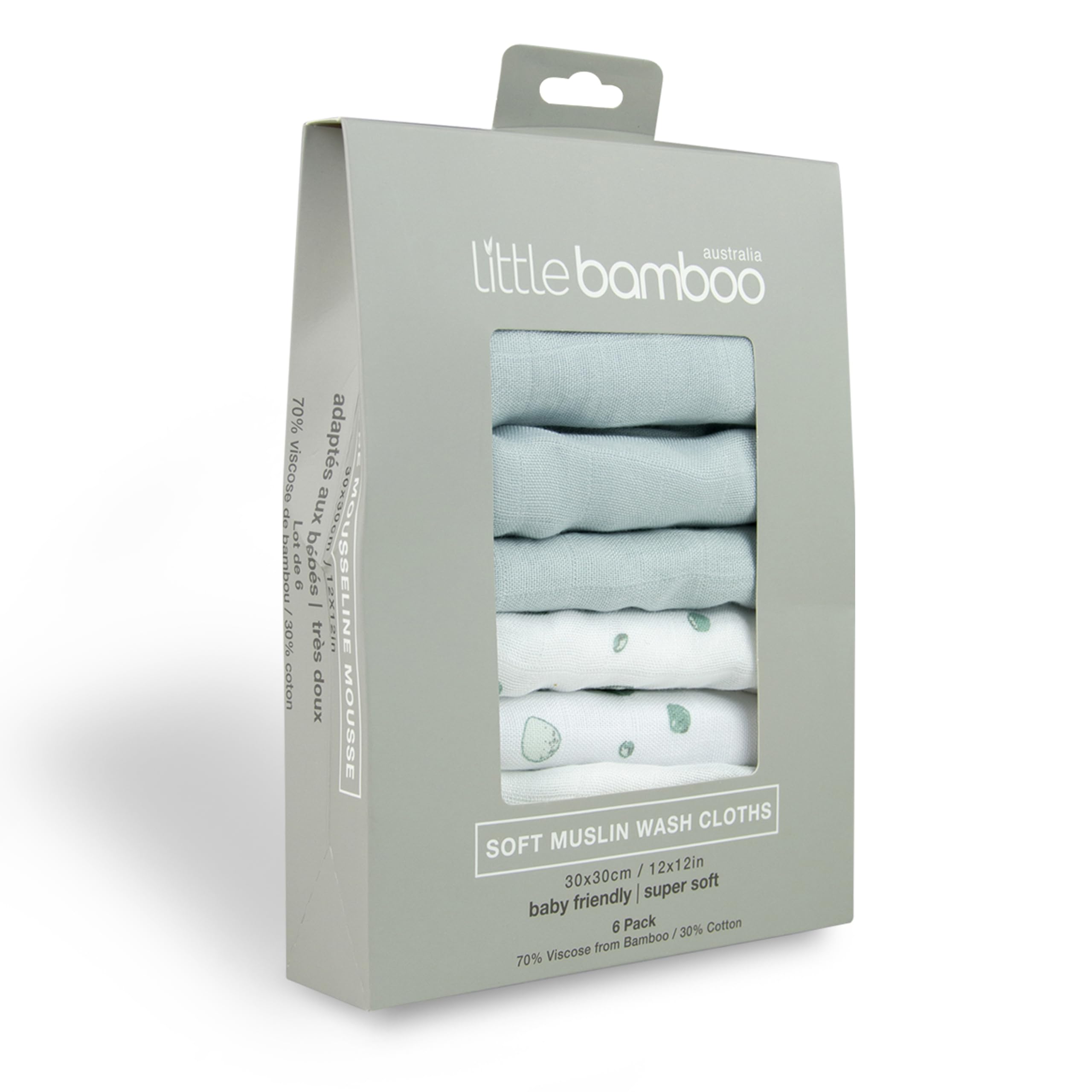 Little Bamboo Muslin Baby Wash Cloths 6 Pack, 30 x 30 cm, Whisper Grey,