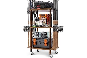 Ghosthorn Fishing Rod Holders for Garage Fishing Pole Rack Hold up to 10 Rods Fishing Pole Holders Wooden Organizer Fishing Rod Rack car Fishing Gear Storage Equipment (3 Tier)