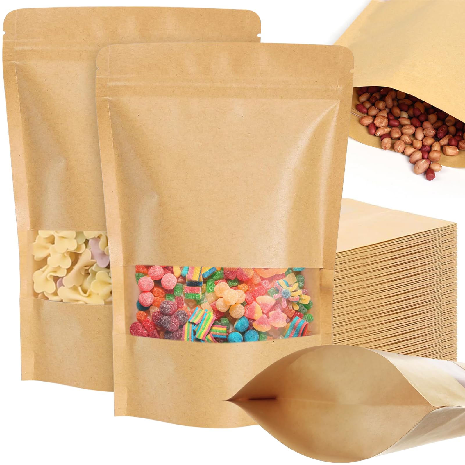Photo 1 of 100 Pcs Resealable bags,Stand Up Kraft Paper Bags with Matte Window, Zip Lock Food Storage Bags for Packaging Products, Reusable, Sealable Bag for Packaging, 3.5" x 5.5"