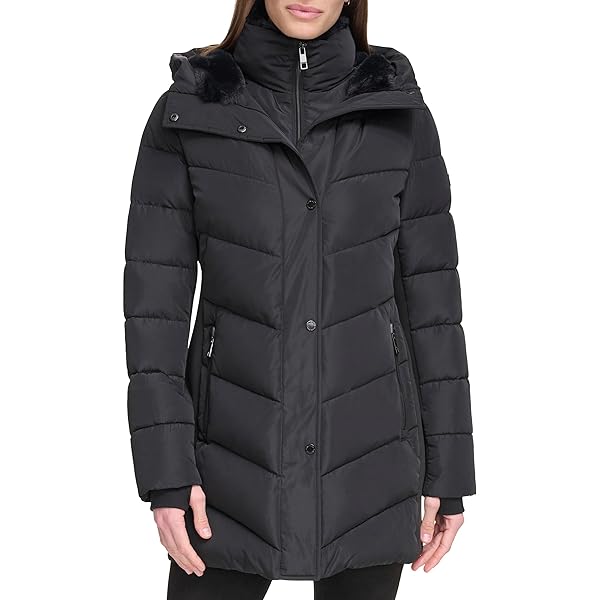 CALVIN KLEIN WOMEN’S WINTER PUFFER COAT – COZY FAUX SHERPA LINED HOOD WITH INSET BIB, LONG QUILTED JACKET, BLACK, M
