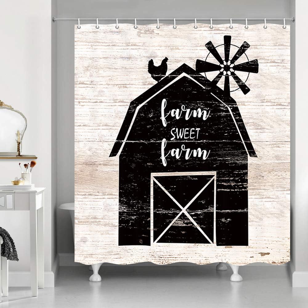 Rustic Farmhouse Shower Curtains, Country Animals Chicken Rooster on Shabby Chic Barn with Windmill on Wooden Fabric Shower Curtain, Farm Sweet Farm Bathroom Accessory Sets, 70in