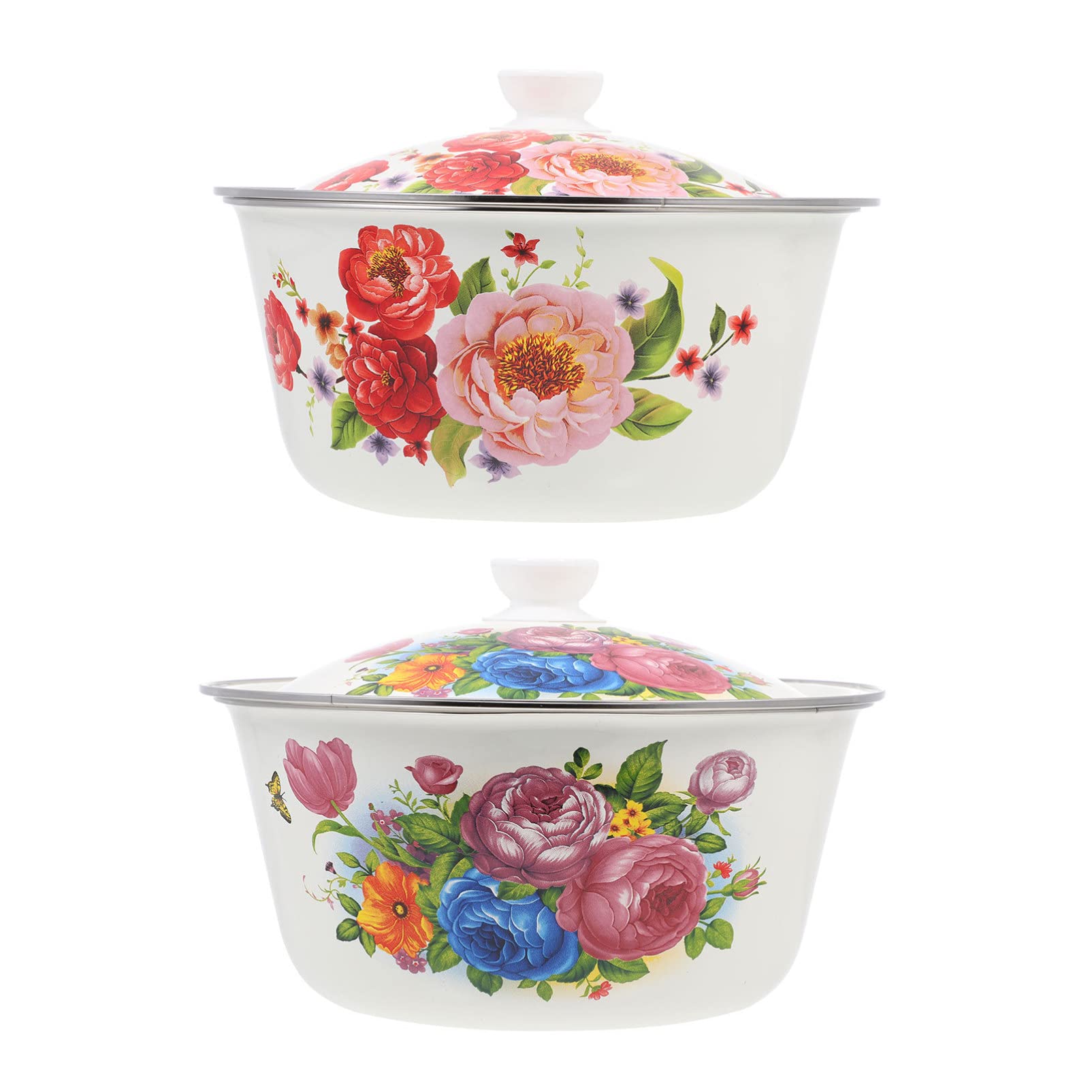DOITOOL 2pcs Enamel Basin Large Soup Bowl Flower Pattern Vintage Mixing Bowl Making Basin Kitchen Plate Dish Retro Enamelware for Noodles Salad