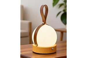 WAJIAWAQIAO Natural Wood Grain Night Light - Dimmable Orb Table Lamp with Leather Handle, 3 Colors, 2000mAh Rechargeable, Use