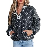 Yioaga Fuzzy Fleece Jacket Women Long Sleeve Half Button Down Tops Casual Sherpa Pullover Sweatshirts Warm Winter Outerwear(Dark-Grey,L)