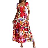 winkbay Women's Boho Floral Maxi Dress Tiered Ruffle Puff Sleeve Flowy Sundress Beach Vacation Clothes