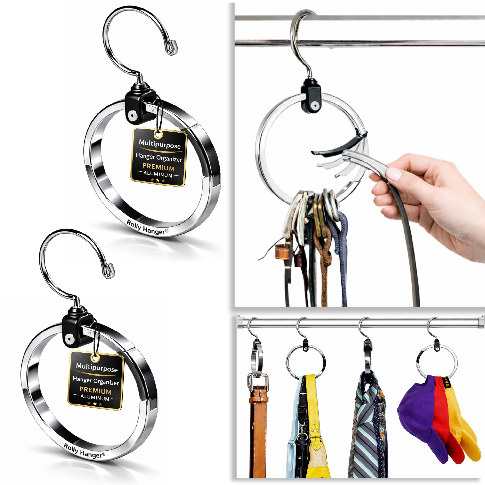 Rolly Hanger® Closet Space Saver – Premium Rotating Aluminum Organizer for Belts, Ties, Hats & Handbags – Heavy Duty 360° Swivel – Declutter & Maximize Storage (2 Pack)