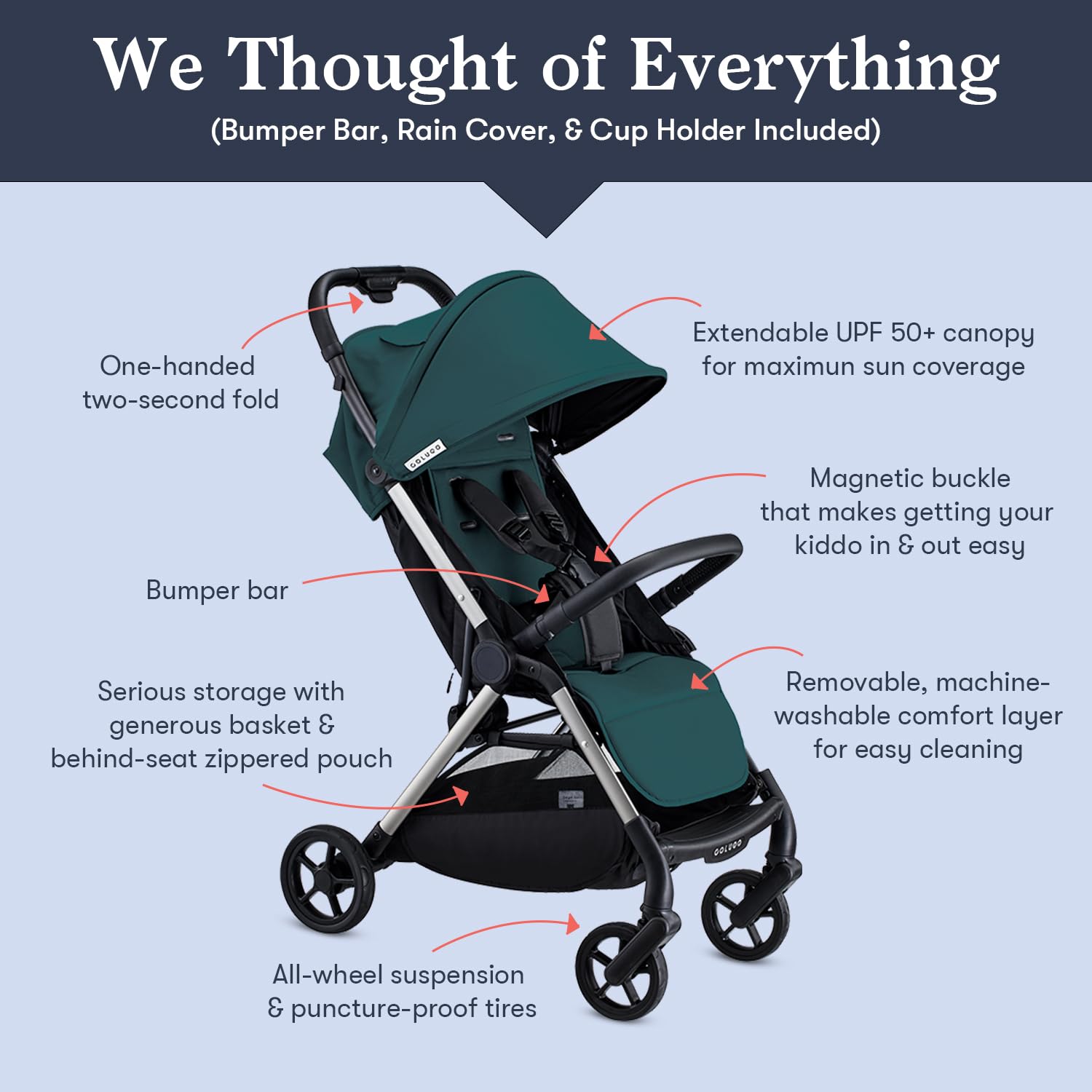 Colugo The One Stroller - Lightweight Easy Fold Compact Toddler and Baby Stroller for Travel, Large Storage Basket, One Hand Fold, Includes Raincover, Bumper Bar, Cupholder (Ponderosa Pine)
