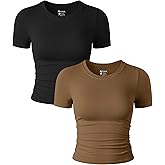 OQQ Womens 2 Piece Shirts Short Sleeve Crew Neck Ruched Stretch Fitted Tee Shirts Crop Tops