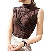 Avanova Women Fitted Sleeveless Ruched Tank Top Shirt Mock Turtleneck Blouses