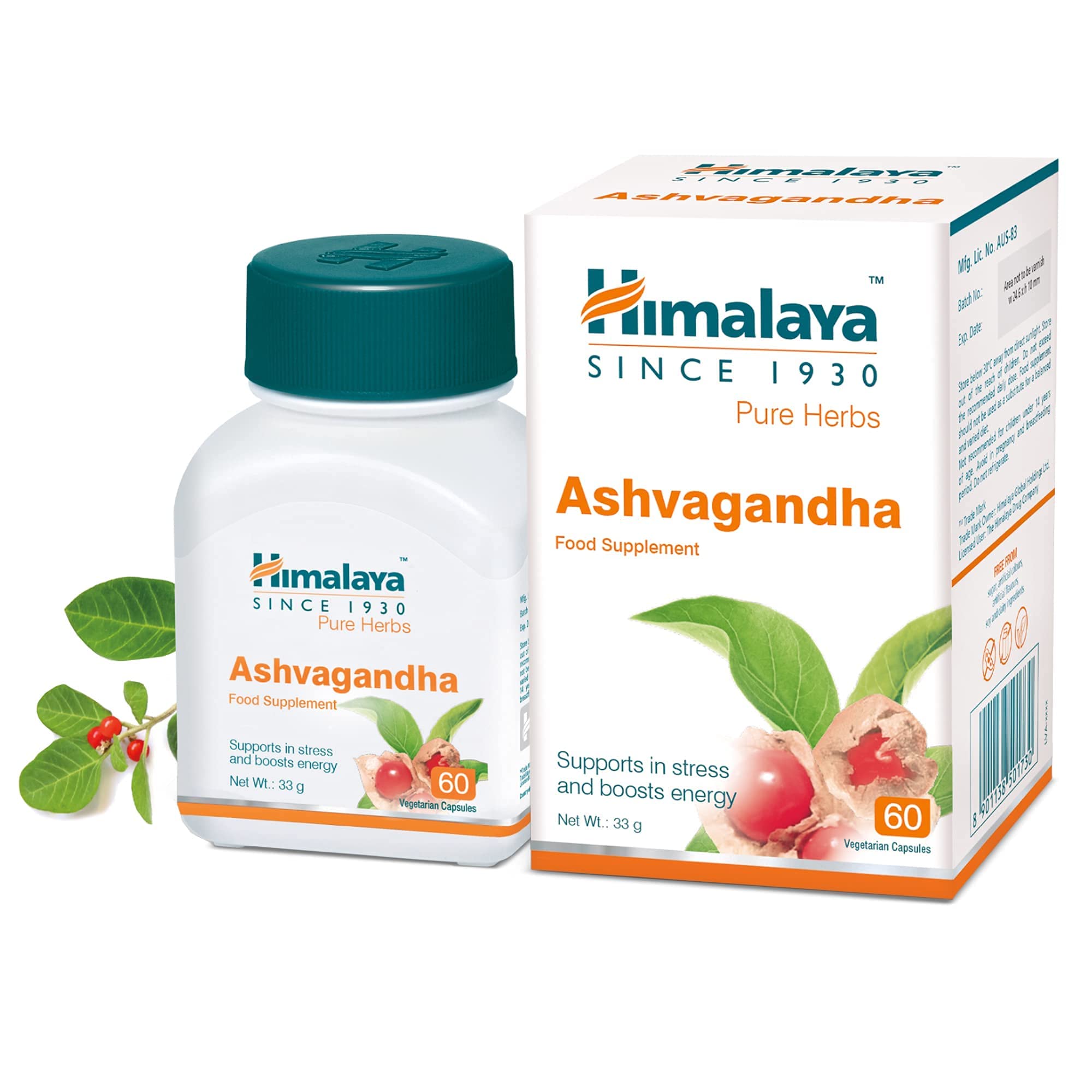 Himalaya Herbals Pure Herbs Ashvagandha Herbal Food Supplement | Helps Maintain a Healthy Balance and Healthy Sleep | Supports in Stress, for Daily Dose of Energy - 60 Vegetarian Capsules
