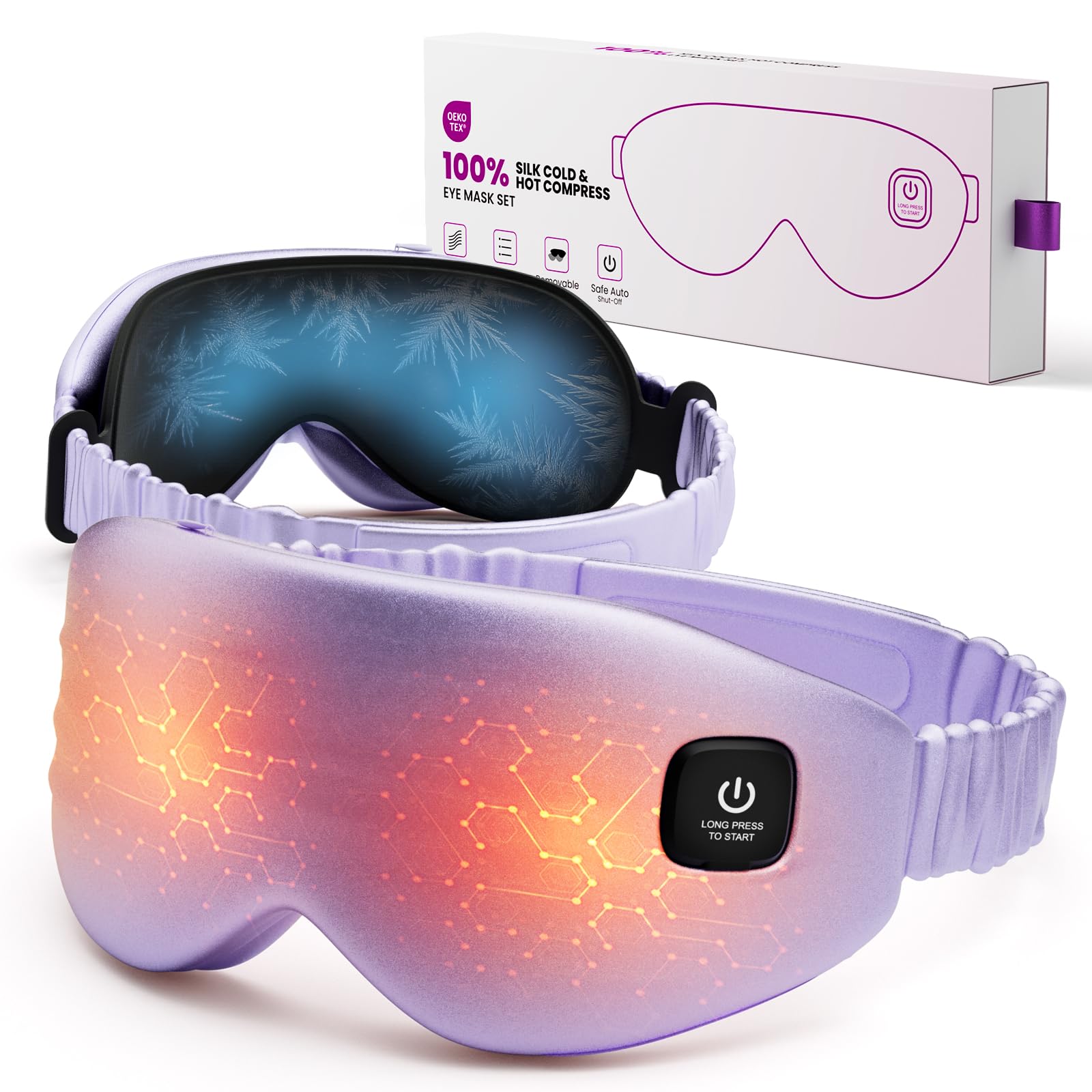Photo 1 of 100% Silk Wireless Heated Eye Mask with Cooling - 3 Heat Settings, for Dry Eyes, Puffiness & Dark Circles - Adjustable, Washable, Travel-Friendly (Purple).
