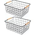 Black 2PCS Wire Storage Baskets with Wooden Handles for Pantry Organizer | Wire Baskets for Pantry Organization and Storage M