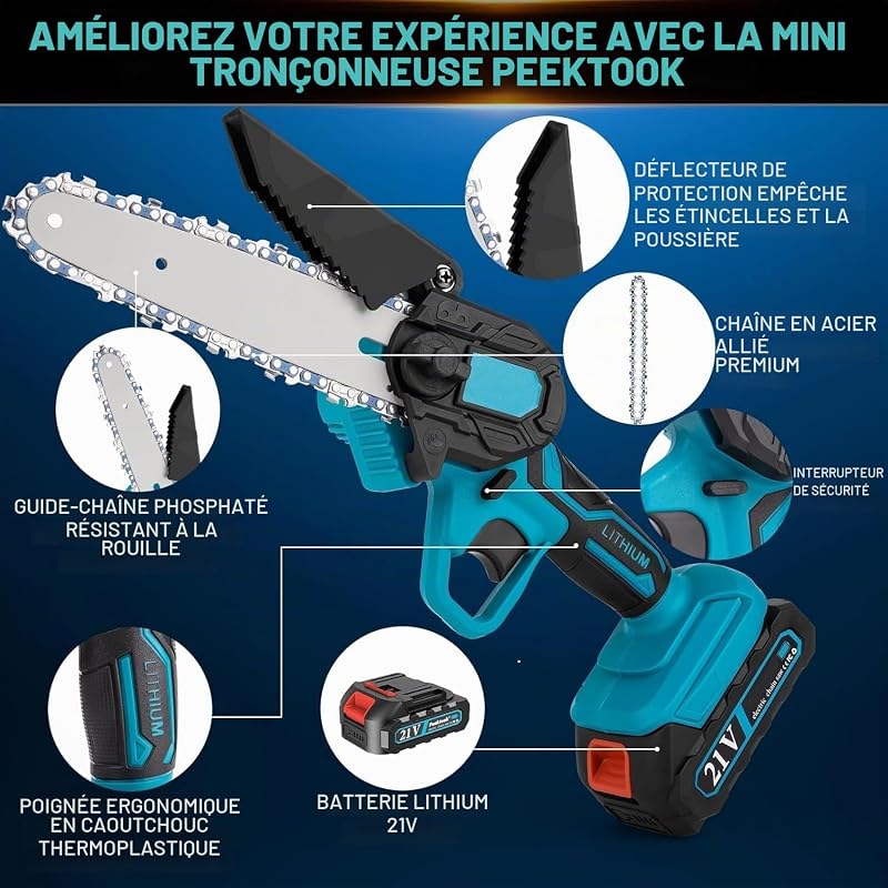Mini Tronçonneuse à Batterie, 1000W Moteur Brushless, 6 Pouces Tronçonneuse Électrique Sans Fil avec 4000mAh Batteries de Grande Capacité, 2 Chaînes et Verrou de Sécurité pour Coupe de Bois et Jardin