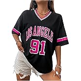 SOLY HUX Women's Oversized Jersey Shirts V Neck Graphic Tees Summer Baggy Blokecore T-Shirt Tops