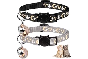 BAEUPPIT 2PCS Breakaway Cat Collars with Bell Cute Kitty Glow in The Dark Adjustable Kitten Collars(Grey&Black)
