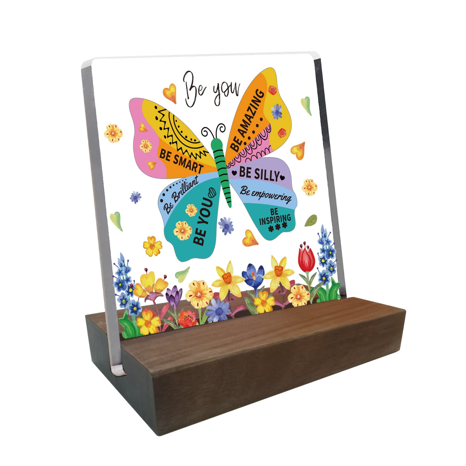 INFUNLY Inspirational Gifts for Women Acrylic Desk Plaque Sign Be Amazing Be Smart Butterfly Motivational Sign Acrylic Plaque Clear Acrylic Desktop Display Board with Wood Stand