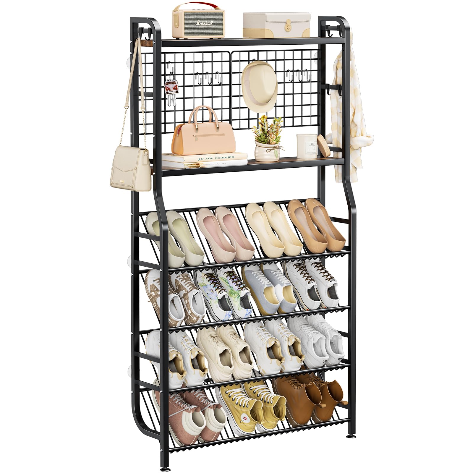 Photo 1 of ***FACTORY SEALED***
POKIPO Shoe Rack Wall Mount, 4-Tier Narrow Shoe Organizer with 14 Storage Hooks, Large Capacity Shoe Shelf Holds 15 Pairs, Metal Hall Tree with Shoe Storage, Space Saving for Entryway Hallway Mudroom
