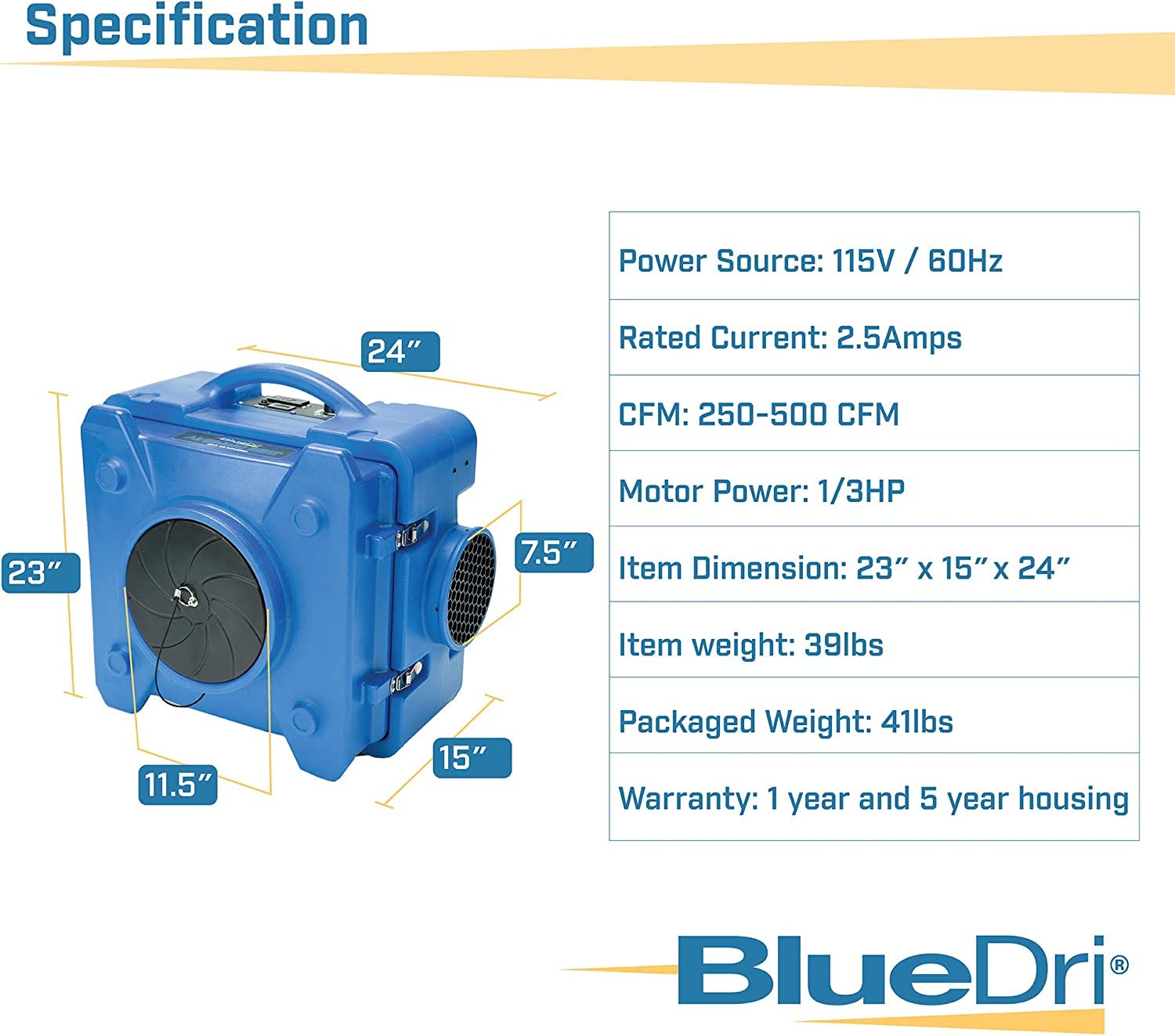 BlueDri Air Shield 550 HEPA Air Scrubber, Water Damage Restoration Equipment Air Purifier, Covers 1400 Sq. Ft, Daisy Chain Capable, For Commercial Use, Red, BD-AS-550
