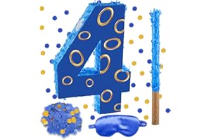 RUISUER 16 Inch Number 4 Double Sided Printing Blue Gold Ring Pinata with 16 Inch Piñata Stick Blindfold Confetti for Boy Girl Kids 4th Birthday Party Decorations (4th)