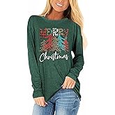 Scgirl Womens Long Sleeve Merry Christmas T-Shirts Casual Merry and Bright Graphic Tee Christmas Tree Tops