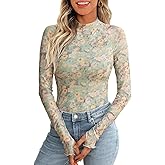 VELISDE Women Floral Mesh Long Sleeve Tops Lace Undershirt Sheer Layering Shirt Mock Neck Going Out Tops 2025 Summer
