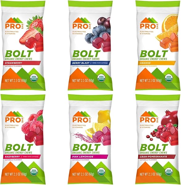 PROBAR – BOLT ORGANIC ENERGY CHEWS, VARIETY PACK, STRAWBERRY, BERRY BLAST, ORANGE, RASPBERRY, PINK LEMONADE, CRANBERRY POMEGRANATE – GLUTEN-FREE, USDA CERTIFIED ORGANIC (12 COUNT) – FLAVORS MAY VARY