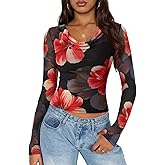 ZESICA Womens Floral Mesh Long Sleeve Tops 2026 Fall Cowl Neck Slim Fit Going Out Y2k Shirts Trendy Date Night Outfits