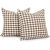 CARRIE HOME Farmhouse Brown and White Gingham Plaid Pillow Covers 18x18 Set of 2, Khaki Checkered Pillow Covers 18 x 18, Outdoor Buffalo Plaid Decorative Throw Pillows (No Pillow Inserts)