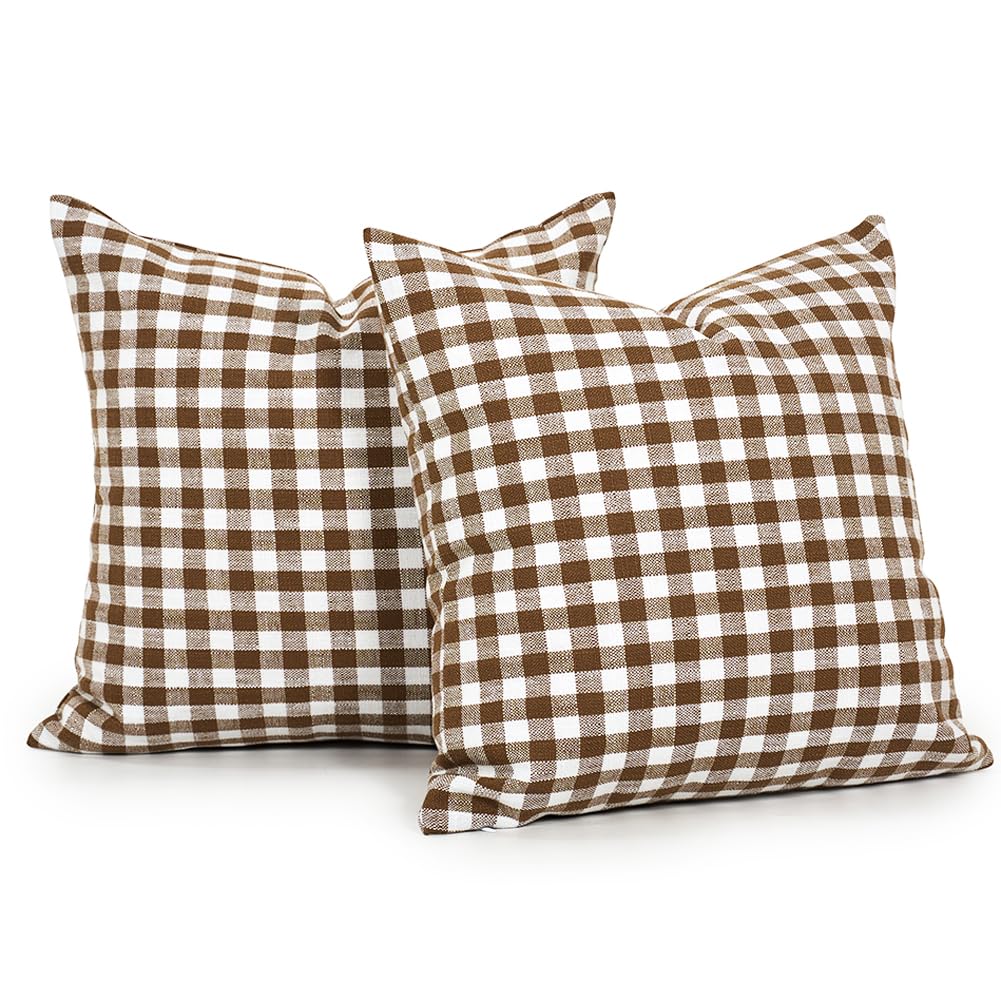 Photo 1 of CARRIE HOME Outdoor Khaki and White Buffalo Plaid Pillow Covers 20x20 Set of 2, Khaki White Gingham Check Pillows Decorative Throw Pillow Covers, 20 x 20 Buffalo Plaid Pillow Covers for Couch