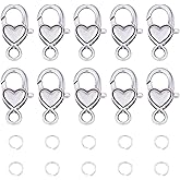 PH PandaHall 30pcs Heart Lobster Claw Clasps with 50pcs Jump Rings Antique Silver Necklace Clasps Bracelet Clasp Fastener Hook Clasp for Necklace Bracelets Jewelry Making Valentine's Day