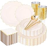 LIYH 210 Pcs Ivory Plastic Plates Scalloped Plastic Plates Disposable Dinnerware Set Cream Gold Scalloped Plate Include Plate Gold Silverware Napkins Cup for Birthday Valentine's Day 30 Guests